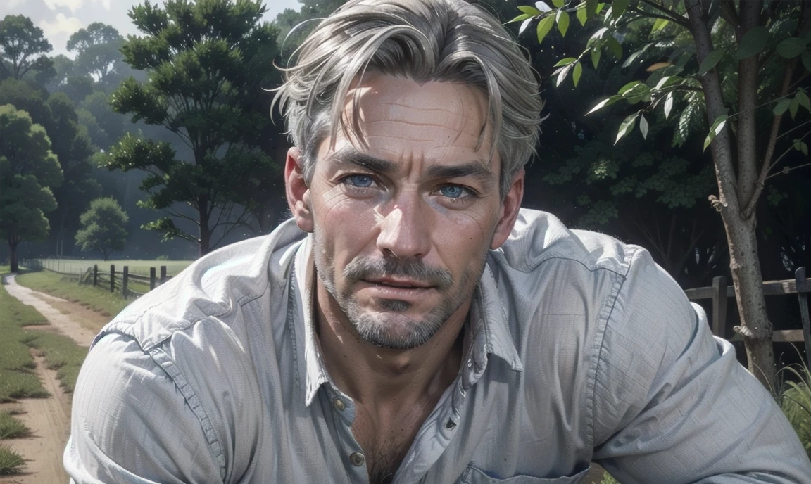 [((highly detailed, detailed eyes, detailed face, clear and realistic facial features, photorealistic, realistic light, cinematic)), ((((1 man)))), Mark is a handsome and alluring slender but muscular male farmer father aged 45 with short blond hair and a neat moustache and blue eyes and weathered skin wearing a flannelette shirt, ((sexy southern gay daddy farmer)), ((greying dark-blond hair)), (((weathered mature face))), (((Mark has a seductive smirking look on his face and a slight blush on his cheeks))), There is a charming yet dry southern farm in the background, ((sexual tension mood))]