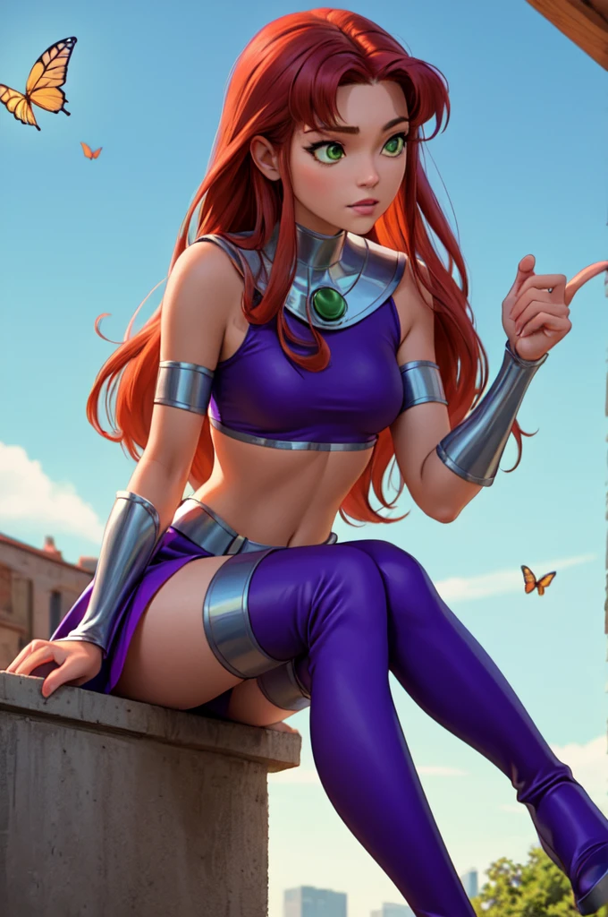 masterpiece, best quality, butterfly sitting, starfire, orange skin, red hair, gorget, crop top, armlet, vambraces, midriff, skirt, purple skirt, thigh boots, bored