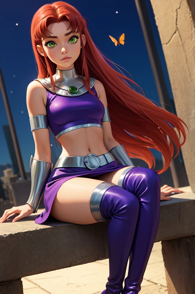 masterpiece, best quality, butterfly sitting, starfire, orange skin, red hair, gorget, crop top, armlet, vambraces, midriff, skirt, purple skirt, thigh boots, bored