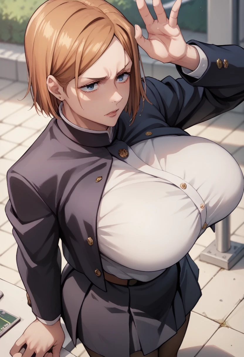 Huge breasts、kugisaki nobara
school uniform, black jacket, long sleeves, black skirt, pantyhose、
{Highest quality}, {so beautiful}, {Very detailed}, {Best illustrations},