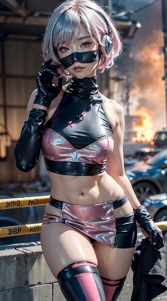 (Top Quality, Ultra High Definition, Photorealistic:1.4), (cowboy shot:1), 1 Beautiful Armed Girl, (Kpop Idol), Detailed Face, (Hair Style: Pink:1, fullbang, shortbob-style:1), Contrapposto, Perfect Anatomy, ((wearing Futuristic Police Racing Suits, low-mini-skirt, police wappen, High-tech Headset, military harness, racing gloves, )), (Cloths colors based on silver pink black white), (background, crashed cars, fire, (Explosion)),