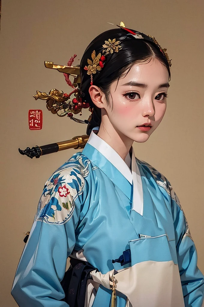 one person 16th century korean woman, hanbok, traditional korean clothing, portrait, upper body, sexy beauty, seductive, mature, sensual, Ink painting