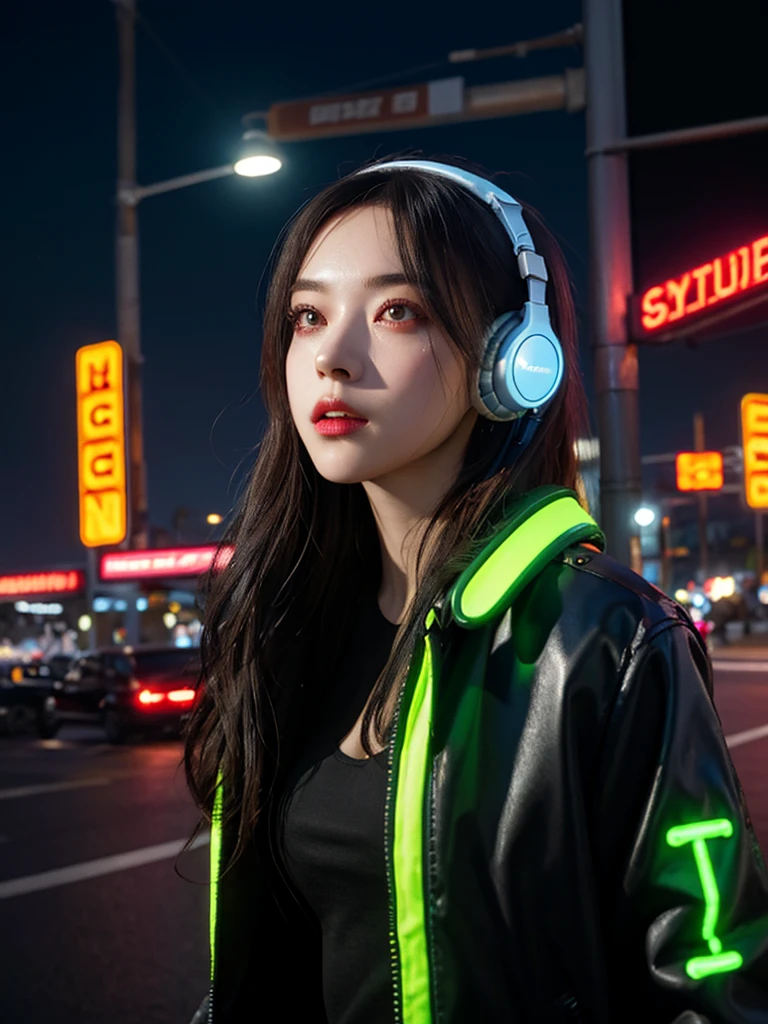 (masterpiece, Highest quality, Highest quality, Very detailed, Most detailed, Highest quality、Realistic photo、, Structure of the film, beautifully、aesthetic:1.2), colorful, (Detailed drawn eyes:1.1), Beautiful Face, Perfect body, One girl, alone, City of night, City, Ratan, street, black | Yellow bomber jacket, (Neon Light:1.1), Big Breasts、Beautiful breasts、 software, performer, (headphone:1.1), (cyber punk:1.1), (sf:1.1), (look up:1.2), (public:1.2)