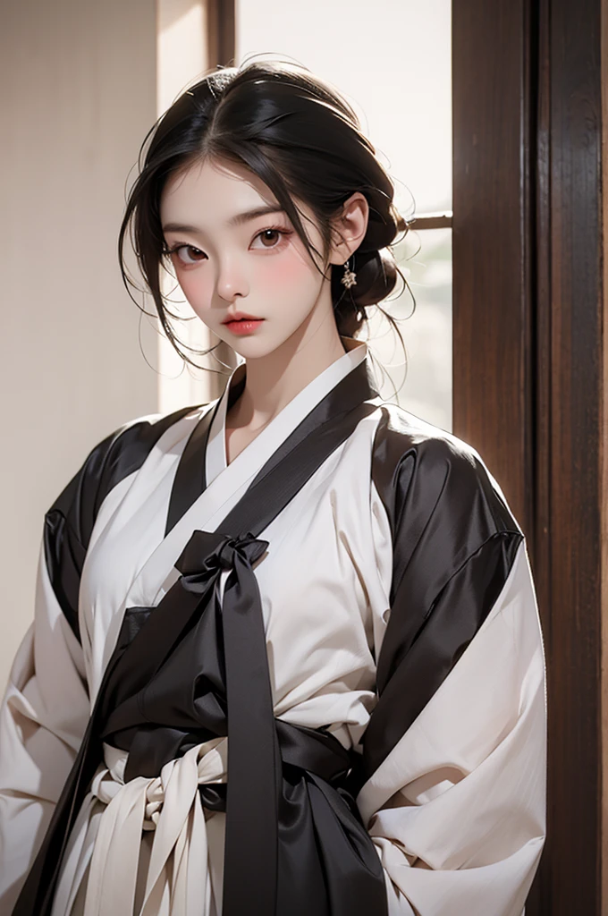 one person 16th century korean woman, hanbok, traditional korean clothing, portrait, upper body, sexy beauty, seductive, mature, sensual, Ink painting