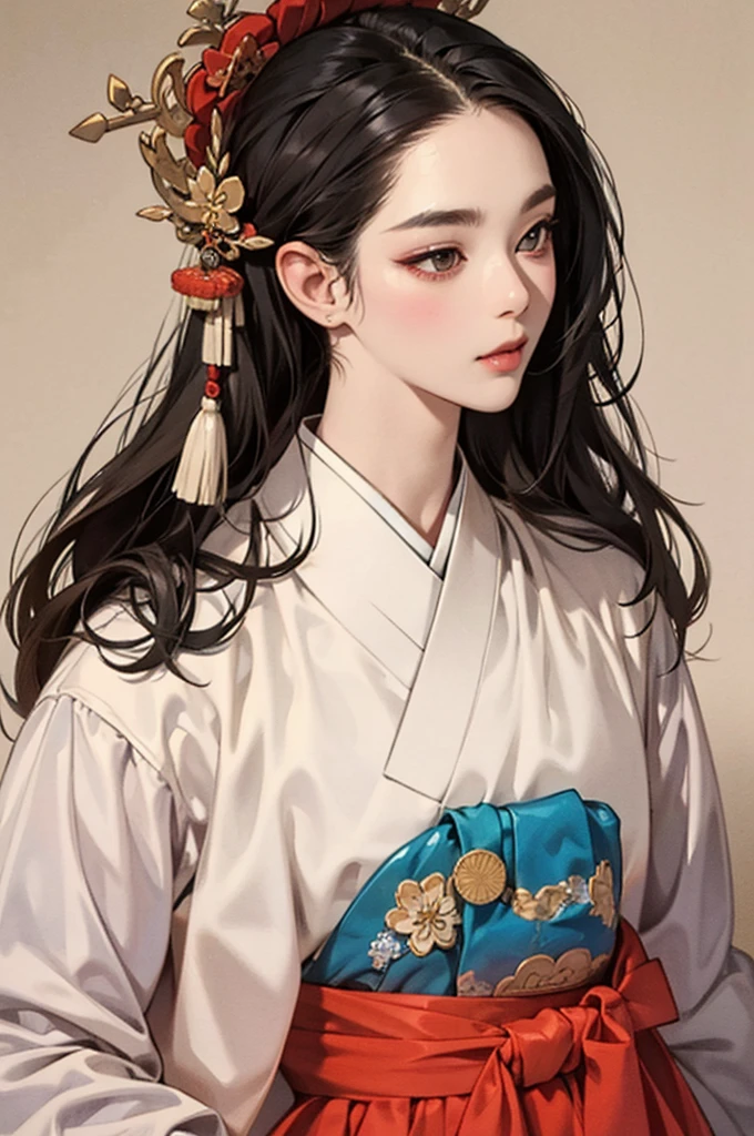 one person 16th century korean woman, hanbok, traditional korean clothing, portrait, upper body, sexy beauty, seductive, mature, sensual, Ink painting