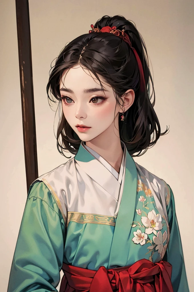 one person 16th century korean woman, hanbok, traditional korean clothing, portrait, upper body, sexy beauty, seductive, mature, sensual, Ink painting