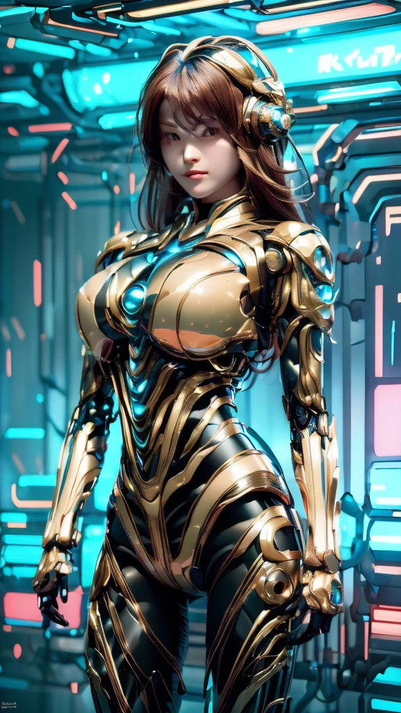 Highest quality, masterpiece, figure, (Realistic, photo-Realistic:1.37), wonderful, In detail, Incredibly absurd, Large file size, Very detailed, High resolution, Very detailed CG Unity 8k wallpaper, Very detailed目と顔, Ray Tracing, Browsing Caution, NUDE, One girl, Korean cyborg girl is innocent and young々Has a sly expression. She poses boldly with her arms raised above her head, Revealing her voluptuous figure. She is wearing a small black mecha armor top that barely covers her breasts., Exposing most of her flawless skin. Her shoulders and head have more armor detailing.、There are shining highlights, Tech Panels and Mechanisms. She is standing against a futuristic cityscape lit up with vibrant neon lights.、Standing full of energy。.