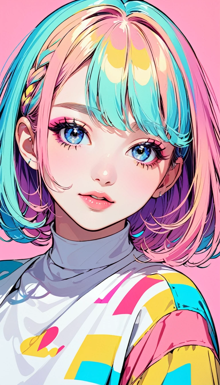 (Highest quality:1.2, City Pop Style, Very detailed, up to date, Vibrant, High Contrast, masterpiece:1.2, Highest quality, Best aesthetics), Gal, ((Face Up Shot:1.4)), Neon Color Hair, Braid, Droopy eyes, Bob Style, pastel colour, White shirt, 1980s style, ((Retro, Vintage, Plain background)) Mika Pikazo&#39;s Colorful Style, Abstract art，(((The most beautiful girl of all time))), Cute Face. Lips in Love, Colorful Hearts, Stylish design,