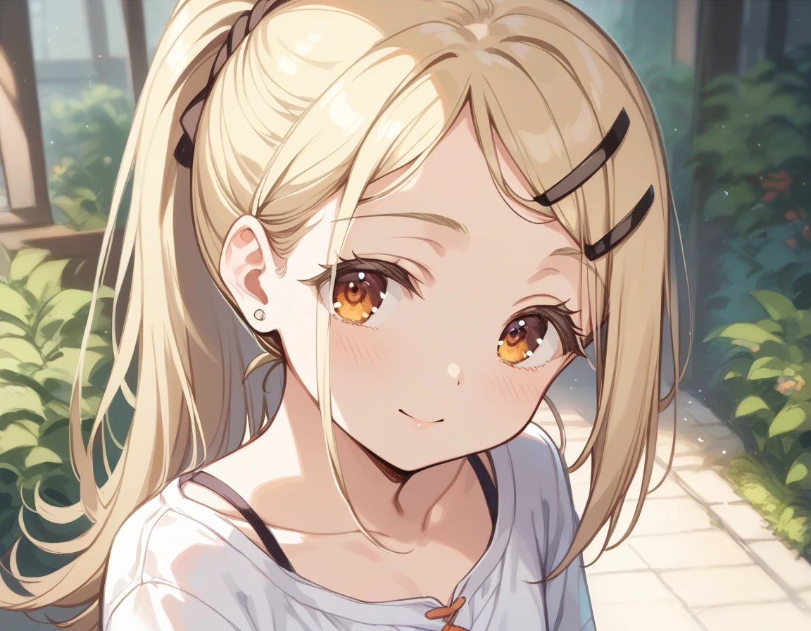 shinosawa hiro,slender,umber eyes,blonde hair,long hair,hairclip,ponytail,flat chest BREAK black