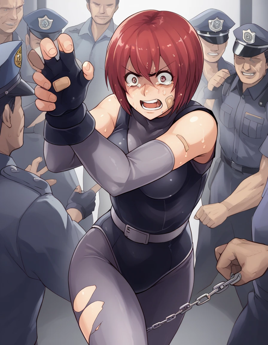 regina, A bodysuit worn under clothing, Fingerless gloves, leotard, Removable sleeves, Hug with the fat officer、score_9, score_8_superior, score_7_superior, score_6_superior, score_5_superior, score_4_superior、Inspired by Japanese manga style, Manga style, How to draw manga, Digital drawing, An 8K masterpiece depicting a Japanese manga about girls in their twenties, Act as a slave, Anguished expression, A gesture of defeat, Torn clothes and black jilbab, Hands restrained by chains, spread, 石畳のsuperiorで正座する. Surrounded by a crowd of policewomen. Face full of scars、Skin shiny with sweat、、 crying wet bursting out eyes, real tears streaming down face, ultra-detailed eyes,,expression of despair,Illumination that emphasizes shiny sweat{{{Spread }}},Infuriated, bandaid on face,tatteredclothing