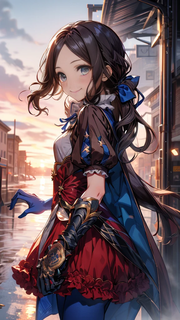 masterpiece, Highest quality, High resolution, Da Vinci, ponytail, Hair Ribbon, Parted bangs, Small breasts, Blue Ribbon, Single gauntlet, Cape, Red Skirt, Puff short sleeves, Blue gloves, Blue Pantyhose, Cowboy Shot, Are standing, Outdoor, smile,