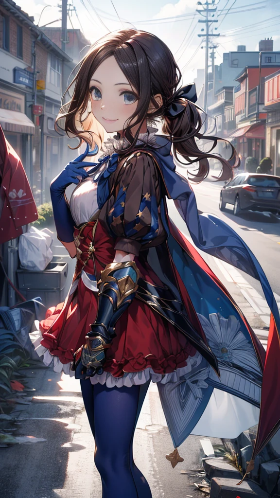 masterpiece, Highest quality, High resolution, Da Vinci, ponytail, Hair Ribbon, Parted bangs, Small breasts, Blue Ribbon, Single gauntlet, Cape, Red Skirt, Puff short sleeves, Blue gloves, Blue Pantyhose, Cowboy Shot, Are standing, Outdoor, smile,