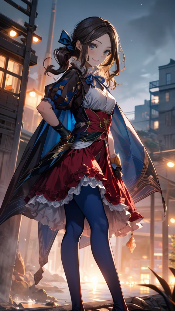 masterpiece, Highest quality, High resolution, Da Vinci, ponytail, Hair Ribbon, Parted bangs, Small breasts, Blue Ribbon, Single gauntlet, Cape, Red Skirt, Puff short sleeves, Blue gloves, Blue Pantyhose, Cowboy Shot, Are standing, Outdoor, smile,