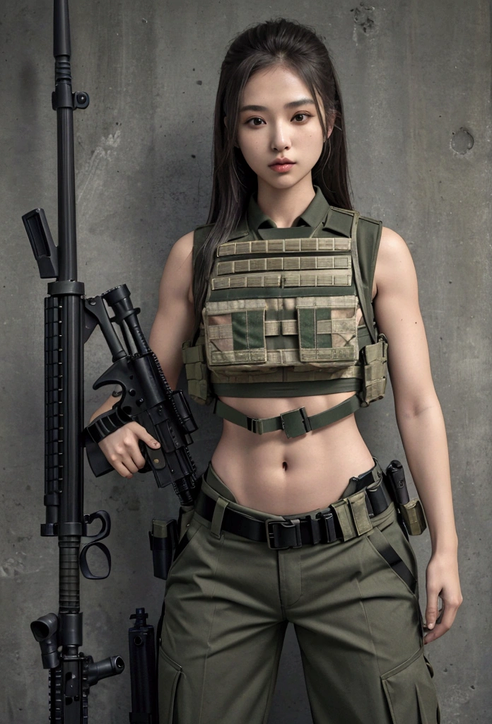 Women in crop top military bulletproof vest , military green cargo pants, belt, military helmet, tactical, (open navel), ((holding assault rifle))