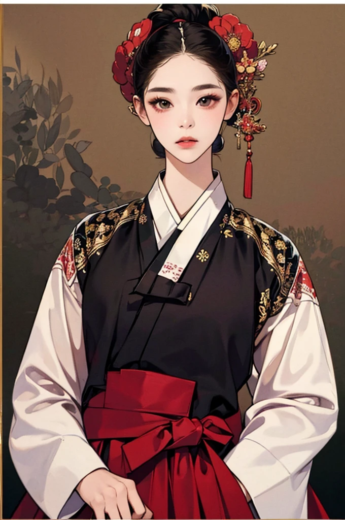 one person 16th century korean woman, hanbok, traditional korean clothing, portrait, upper body, sexy beauty, seductive, mature, sensual, Ink painting