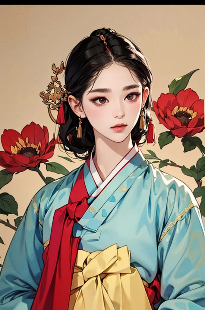 one person 16th century korean woman, hanbok, traditional korean clothing, portrait, upper body, sexy beauty, seductive, mature, sensual, Ink painting