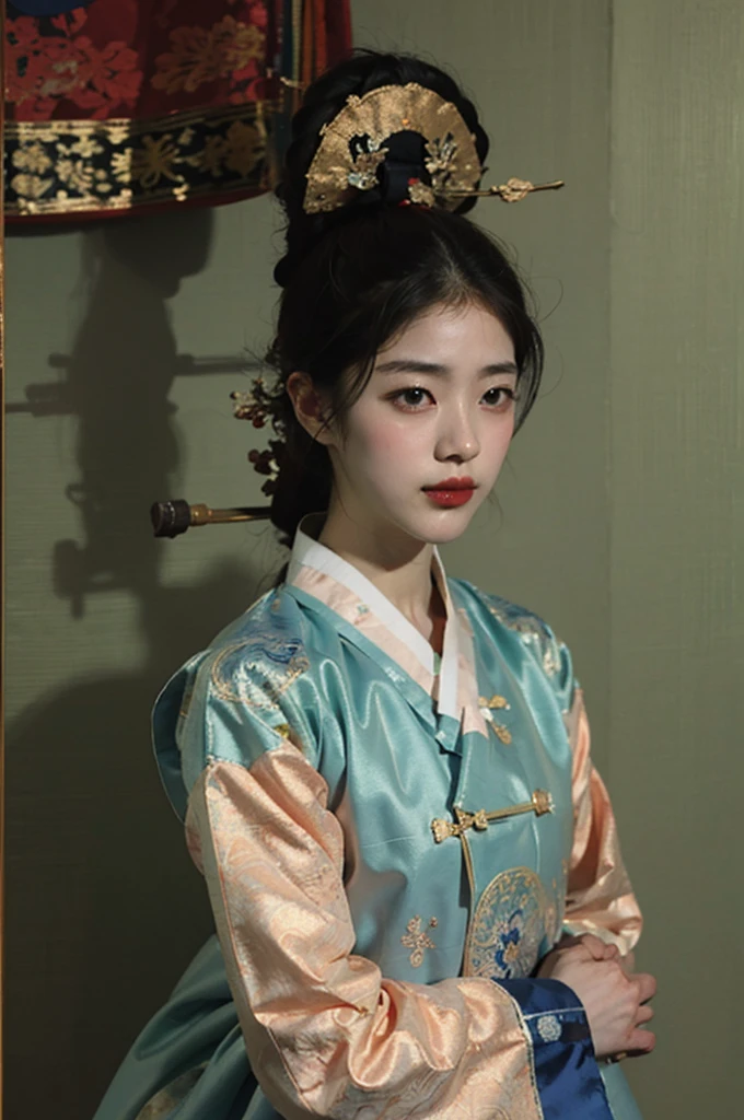 one person 16th century korean woman, hanbok, traditional korean clothing, portrait, upper body, sexy beauty, seductive, mature, sensual, Ink painting