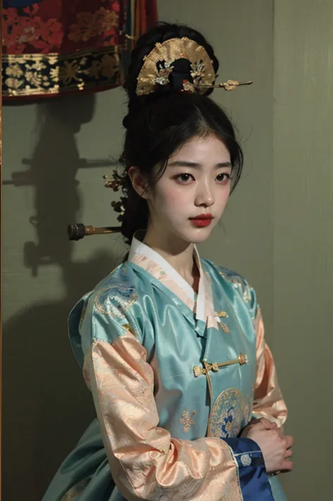 one person 16th century korean woman, hanbok, traditional korean clothing, portrait, upper body, sexy beauty, seductive, mature,...