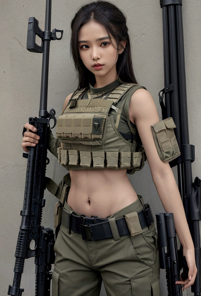 Women in crop top military bulletproof vest , military green cargo pants, belt, military helmet, tactical, (open navel), ((holding assault rifle))