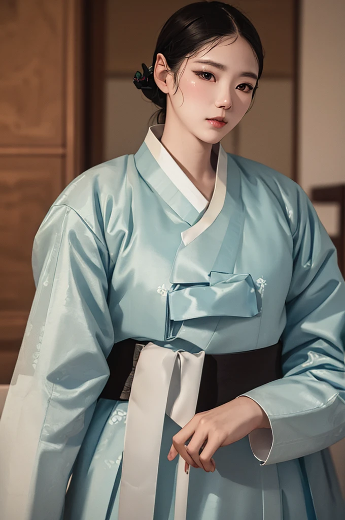 one person 16th century korean woman, hanbok, traditional korean clothing, portrait, upper body, sexy beauty, seductive, mature, sensual, Ink painting