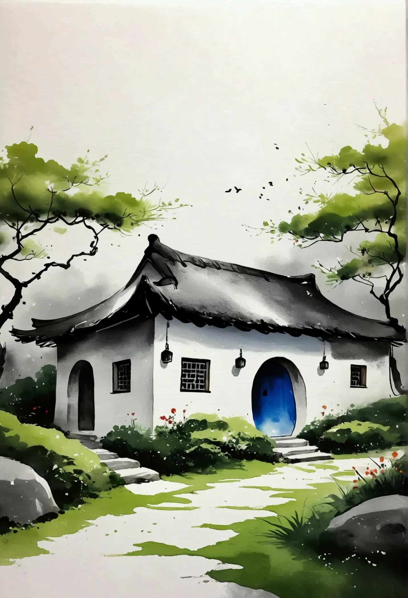 sky占比2/3.chinese ink painting sketch：peaceful and freehand，artistic conception:2.dot，a thatched cottage on a winding path，minima...