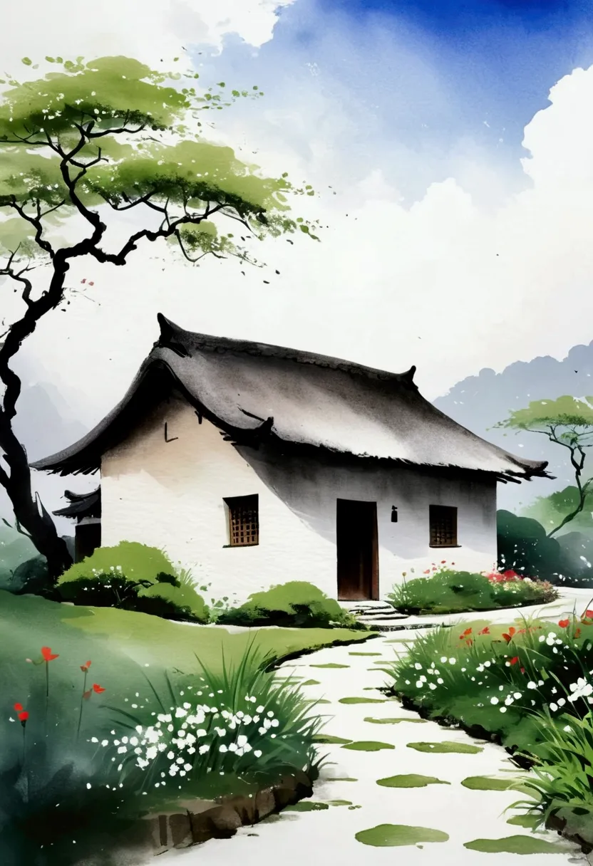 sky占比2/3.chinese ink painting sketch：peaceful and freehand，artistic conception:2.dot，a thatched cottage on a winding path，minima...