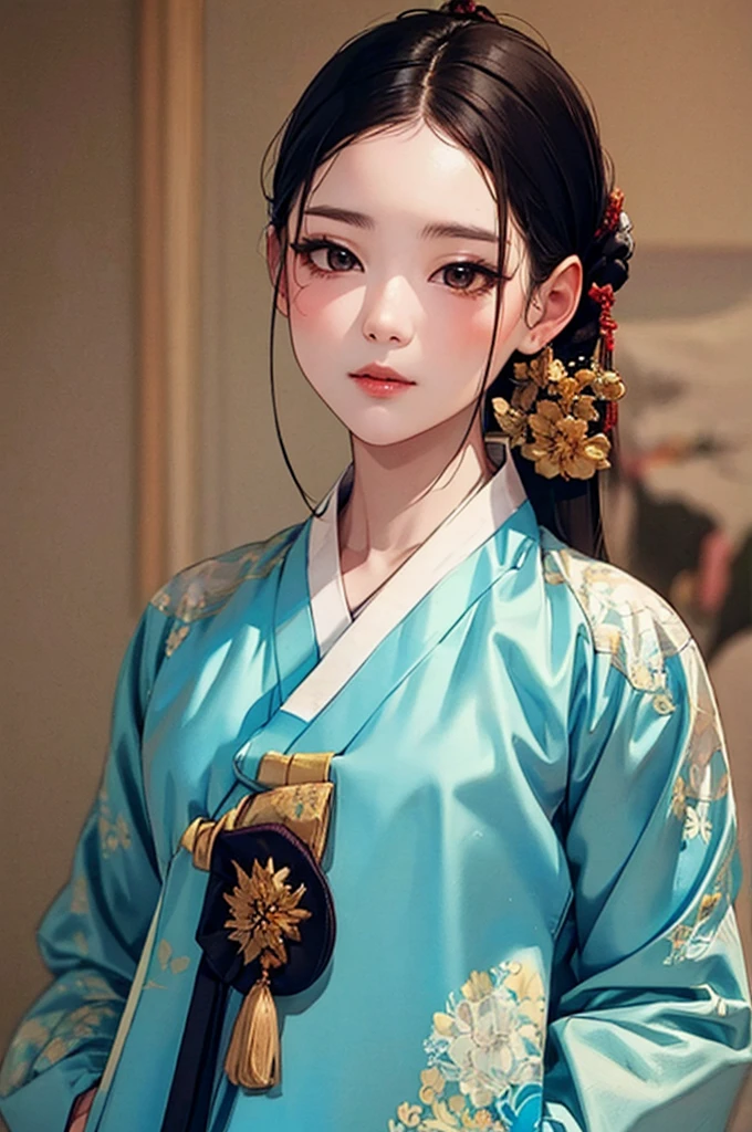 one person 16th century korean woman, hanbok, traditional korean clothing, portrait, upper body, sexy beauty, seductive, mature, sensual, Ink painting