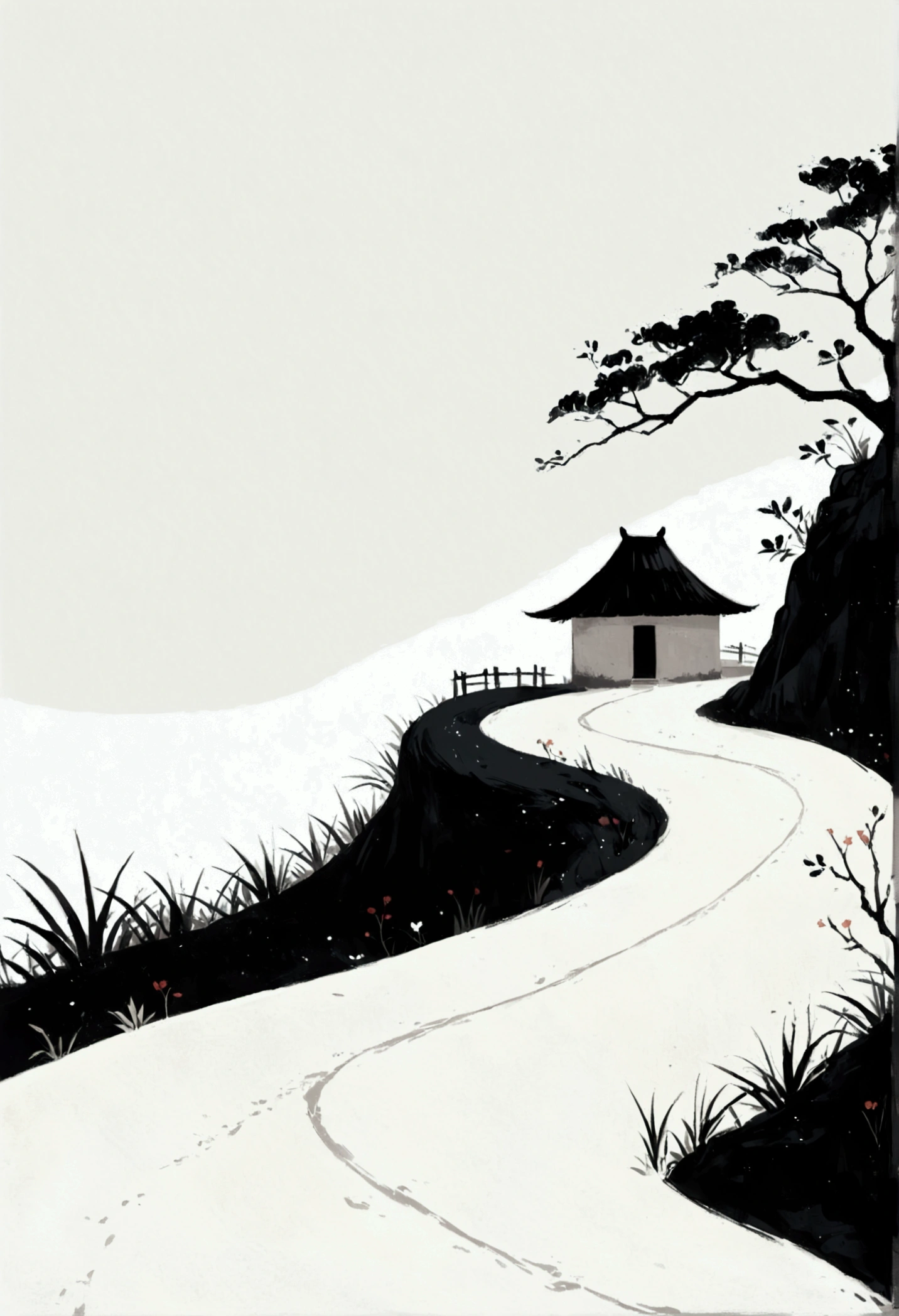 Sky占比2/3.Chinese Ink Painting Sketch：Peaceful and Freehand，artistic conception:2.Dot，A thatched cottage on a winding path，Minimalism，White background。(((Negative Space:2,Large area of blank:2, Bottom left corner composition)))。niji6 style