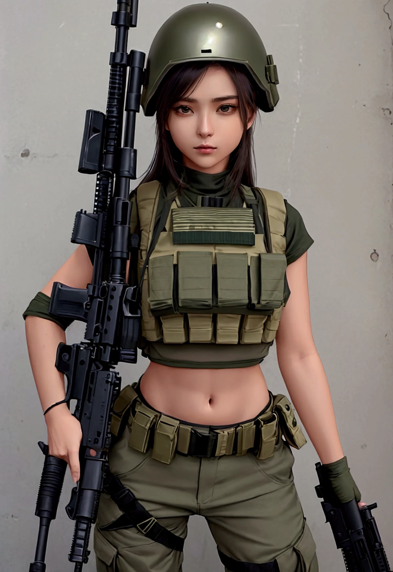 Women in crop top military bulletproof vest , military green cargo pants, belt, military helmet, tactical, (open navel), ((holding assault rifle))