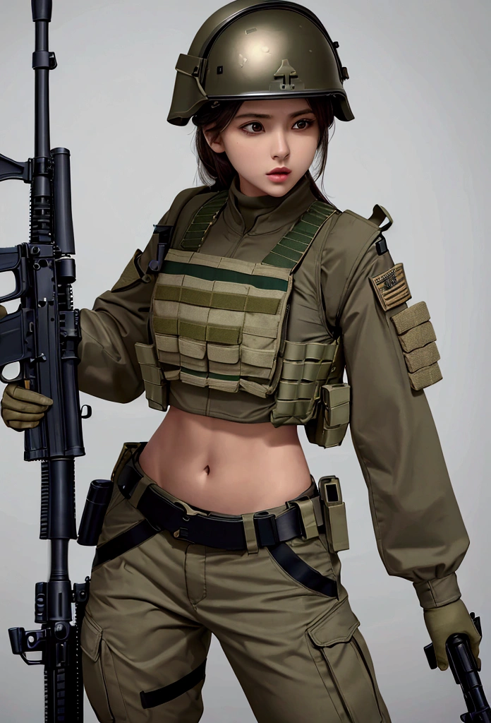 Women in crop top military bulletproof vest , military green cargo pants, belt, military helmet, tactical, (open navel), ((holding assault rifle))