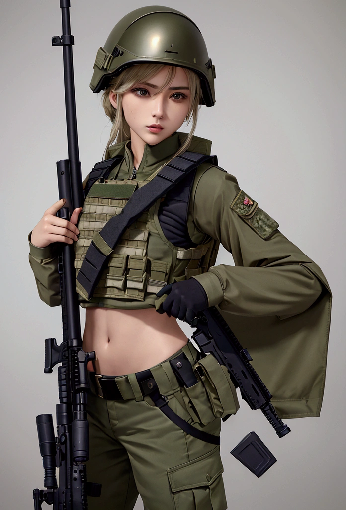 Women in crop top military bulletproof vest , military green cargo pants, belt, military helmet, tactical, (open navel), ((holding assault rifle))