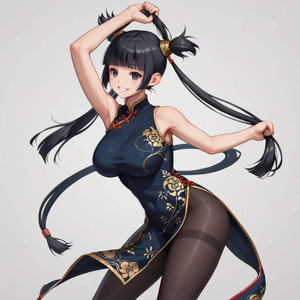 score_9、score_8_up、score_7_up、Masterpiece,best quality,solo, 1 beautiful Japanese girl,17 years old,(sparkling black eyes,slant eyes),(pale skin),(black hair,blunt bangs,(short twintails:1.2),(high twintails:1.2),hair length to shoulder,voluminous hair,hair held up with a blue choux:1.5),(big breasts:1.2),(fearless expression, fearless smile, fighting pose:1.2),(fantasy black Chinese dress,black tights,intricate gold breastplate:1.5),(plain background:1.5),