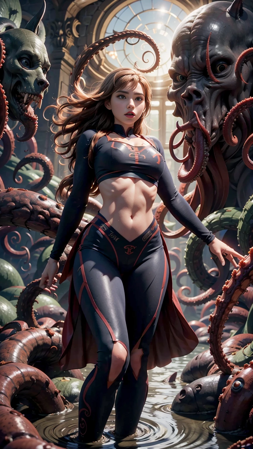 A beautiful girl with extremely detailed eyes, long eyelashes, and detailed lips, wearing a blue gym outfit, levitating in the air with tentacles covering her breasts and crotch, in a scary, flooded cavern, with a sad and ashamed look on her face, 8k, hyper realistic, cinematic lighting, highly detailed, dramatic composition, moody colors, atmospheric, photorealistic