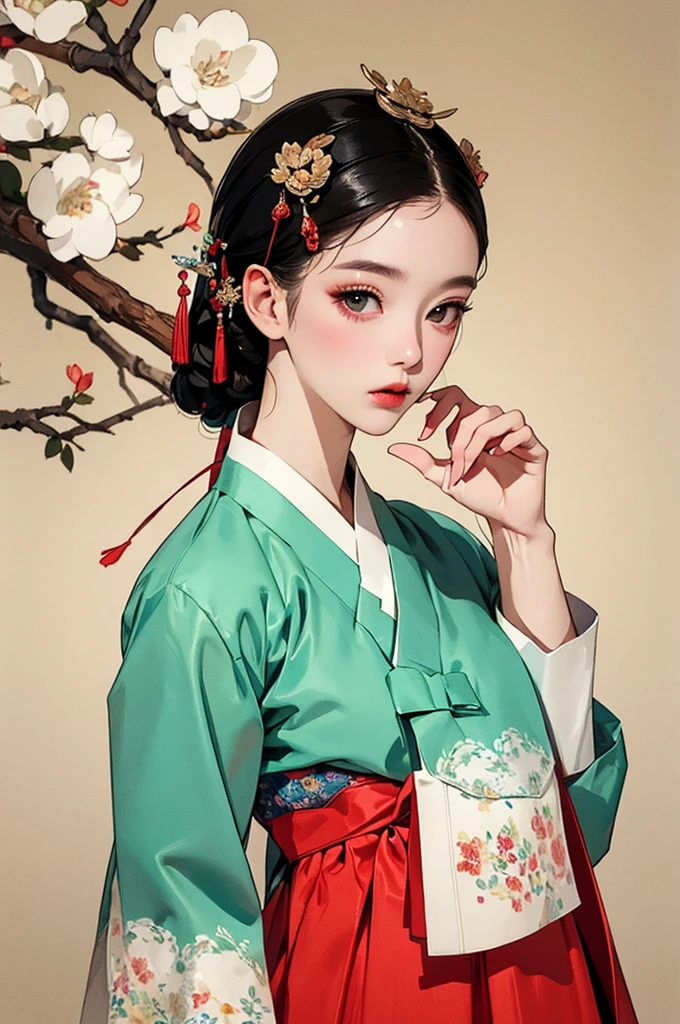 one person 16th century korean woman, hanbok, traditional korean clothing, portrait, upper body, sexy beauty, seductive, mature, sensual, Ink painting