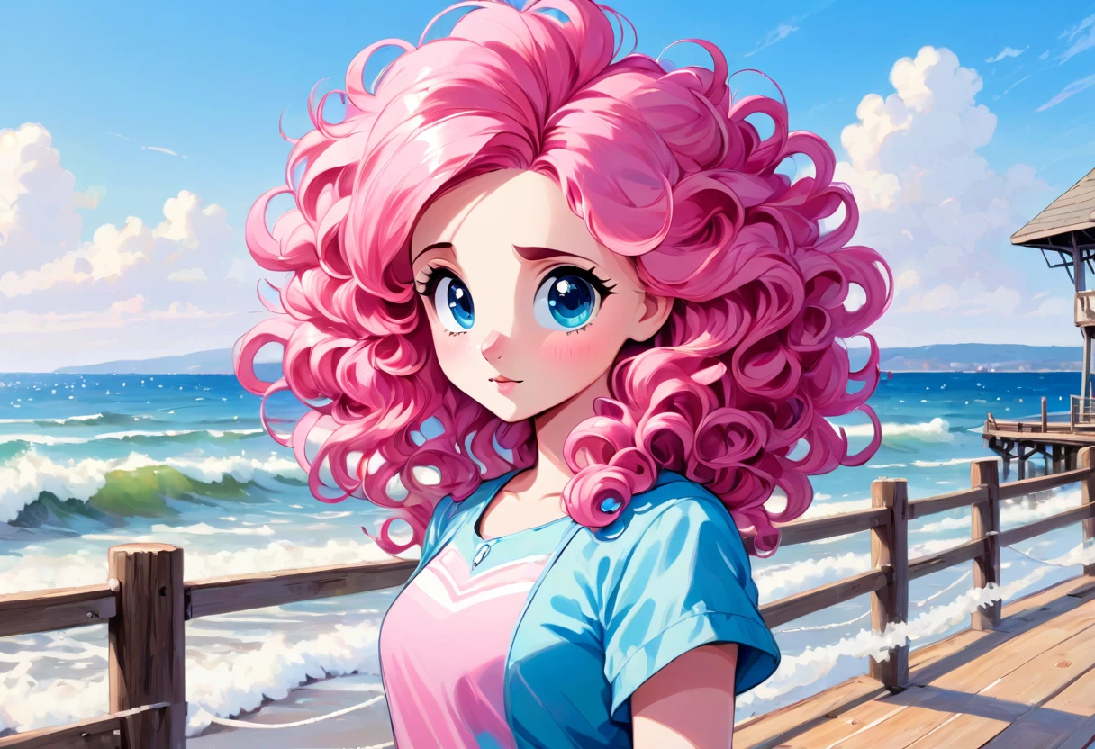 pinkie pie with ((curly hair)),sandy beach, ocean waves, clear sky, pier structure, centered subject, eye-level shot, neutral perspective, at the lake, vivid colors, Oil painting art