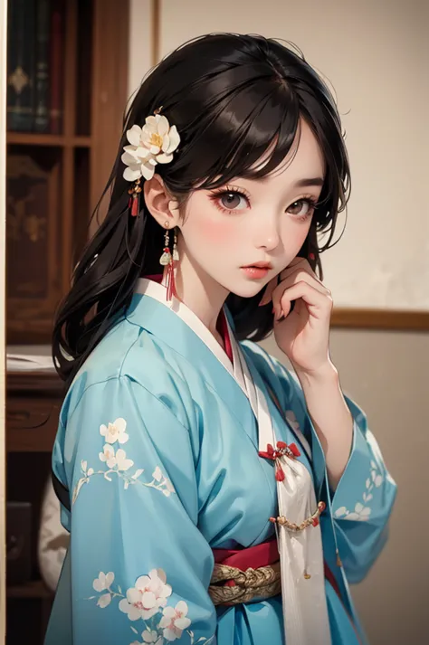 one person 16th century korean woman, hanbok, traditional korean clothing, portrait, upper body, sexy beauty, seductive, mature,...