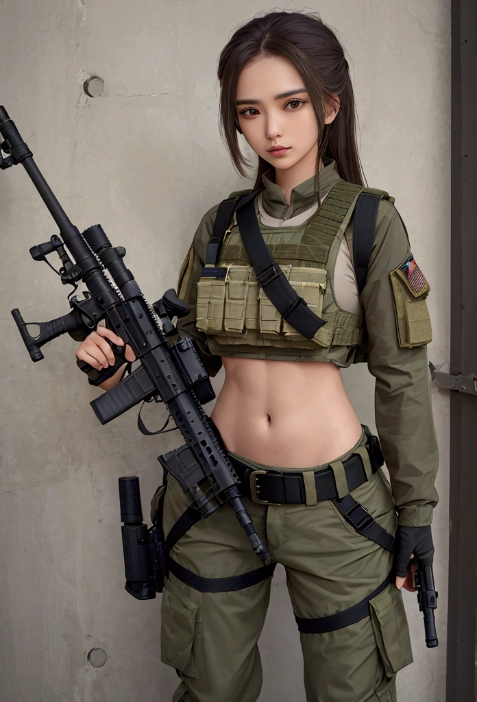 Women in crop top military bulletproof vest , military green cargo pants, belt, military helmet, tactical, (open navel), ((holding assault rifle))