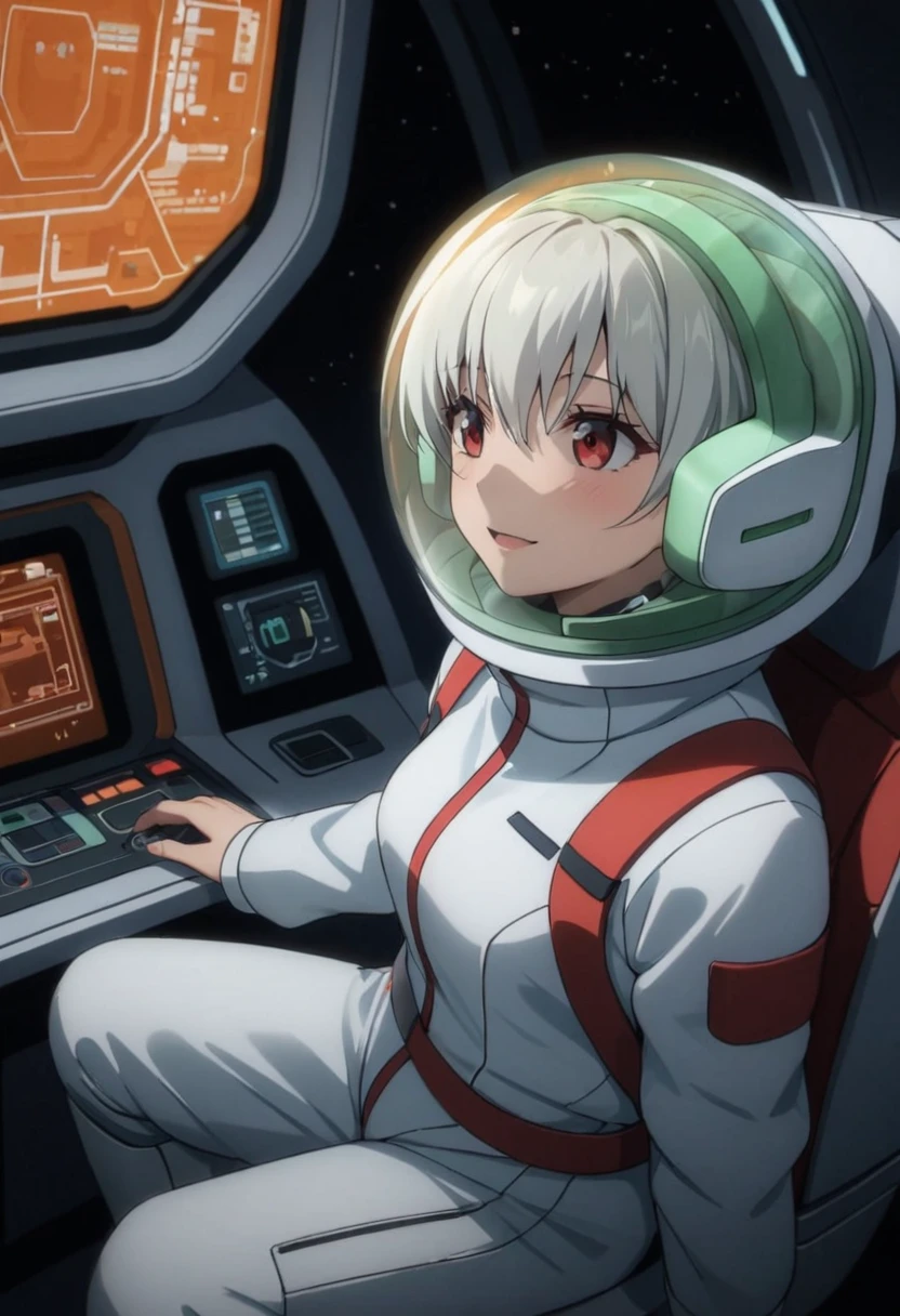 eva helm, spacesuit , astronaut), bubble helmet, space helmet, (1girl:1.1) wearing a (spacesuit:1.15), white cargo pants, (ugh, wtf do these buttons do:1.3), inside the cockpit of a (futuristic spaceship:1.1), sitting in the captains chair, (intricate control panels:1.3), (gleaming metal:1.1), surrounded by many buttons and dials and gauges, (confused:1.3), (worried expression:1.1), (nervous:1.1), concerned, beautiful 8k wallpaper, highly advanced, (sleek design:1.3), intricate, highres, superb, 8k wallpaper, extremely detailed, intricate, short hair, from side, smile, full body,headsets:1.5), from above, white hair, red eyes