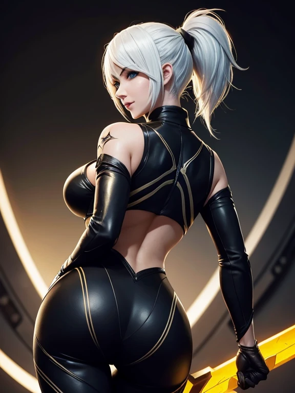 League of legends character riven in venom suit, white hair, yellow eyes, black suit, black bunny suit, venom suit, butt saw behind, from behind, smile, sexy body, ponytail hairstyle, seductive body shape, cleavage on