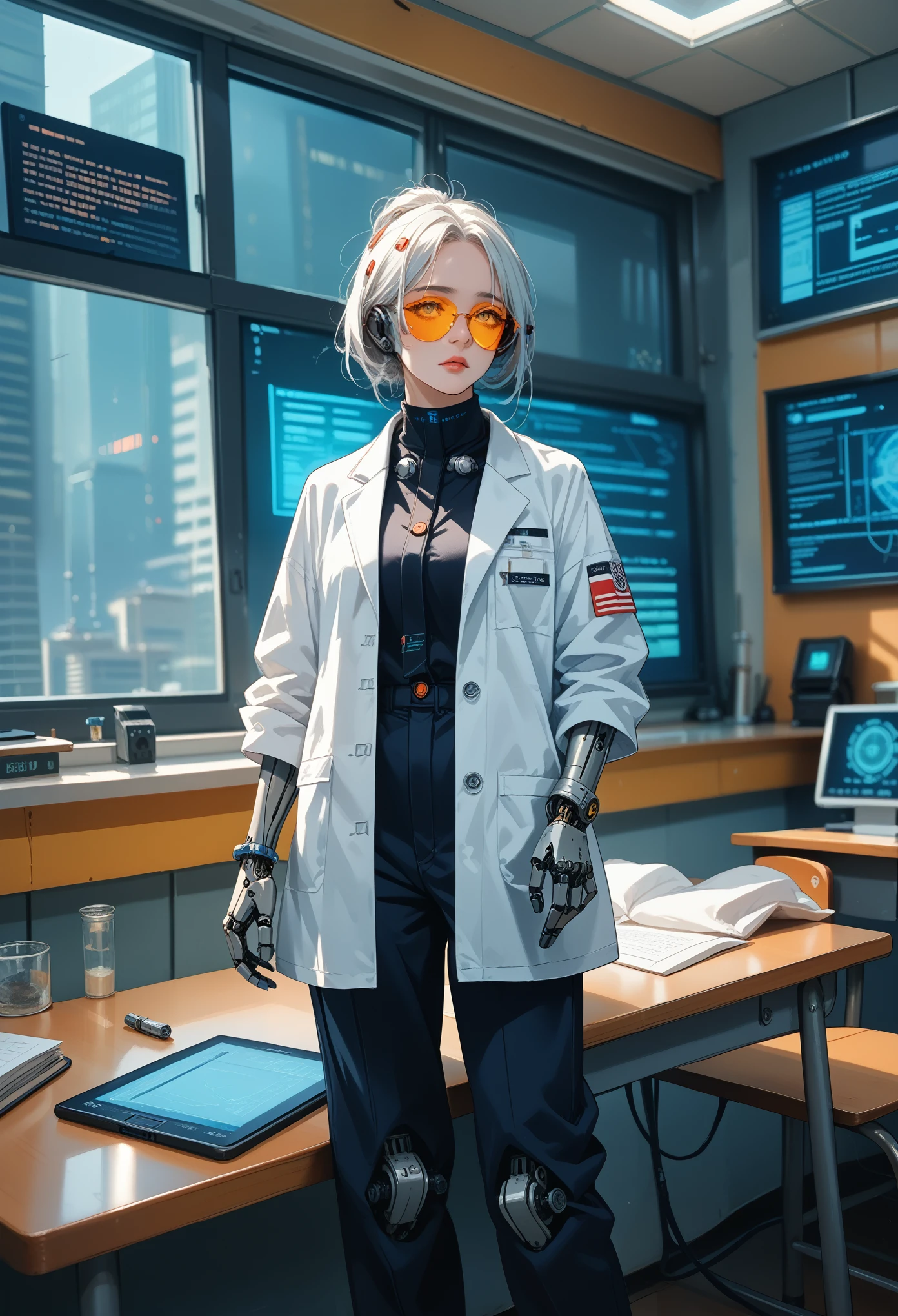 Cyborg teacher with mechanical arm and bionic eye, in a white laboratory coat and with a holographic tablet in his hands., standing in front of an interactive digital whiteboard, where it shows complex graphics and formulas, while teaching a class of students using augmented reality headsets and smart bracelets, In modern, illuminated classroom,  with windows, which overlook a futuristic cityscape with skyscrapers and aircraft.  