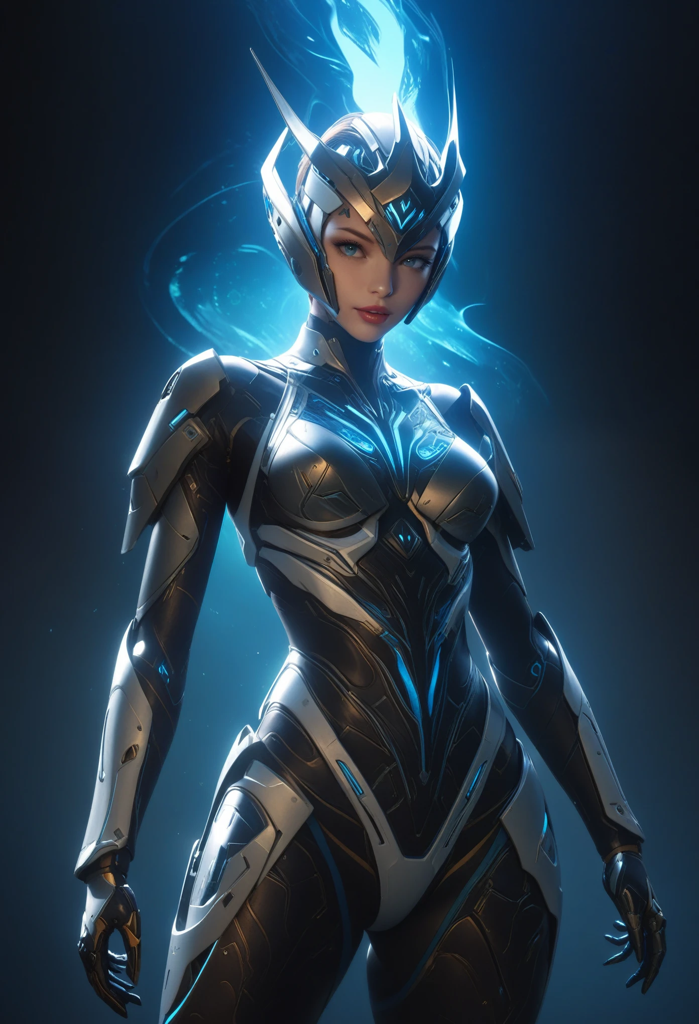 score_9, score_8_up, score_7_up, Wear blue and wite mechanical clothing, Wonders of the machine, cyber, Cybernetic Guardian, Futuristic Armor, whole body, Front pose, Symmetric, Complex (Steel Metal [rust]), joint, Warframe style, cyborg, Female body armor, (Best Quality, 4K, 8K, High Definition, Masterpiece:1.2), (Ultra Detailed, Realistic, Photorealistic:1.37), detailed fractal patterned skin, cute lips, Bioluminescence, dark aura