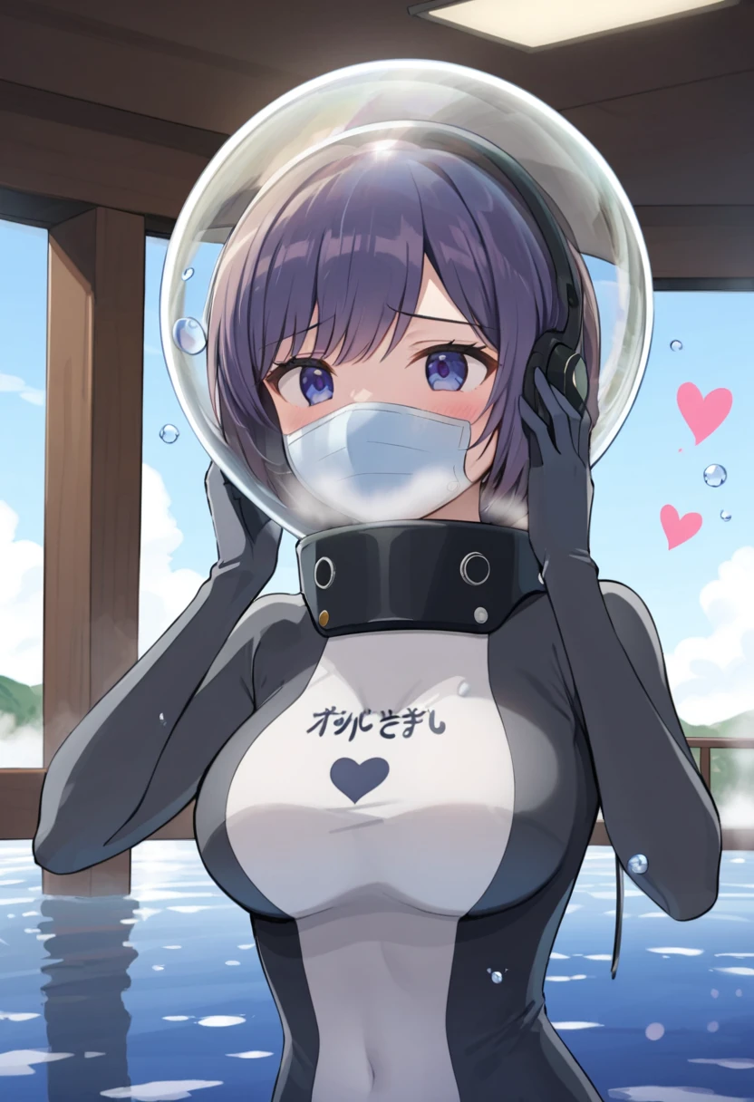 latex, black bodysuit)bubble helmet, space helmet , , indoors,underwater, masterpiece, best quality, 1girl, solo, short hair, , ,(heart sayings:1.2), , trembling, HARD TO BREATH,, fog,water on the face, drowning, water torture, water in the helmet, blue visor helmet hands up, (holding head:1.5),(Face covered in blue water:1.3), 