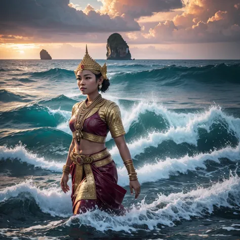 a gigantic traditional thai female titan, walking in the sea, dress in thai ancient traditional sbai, big intricate gold belt, h...