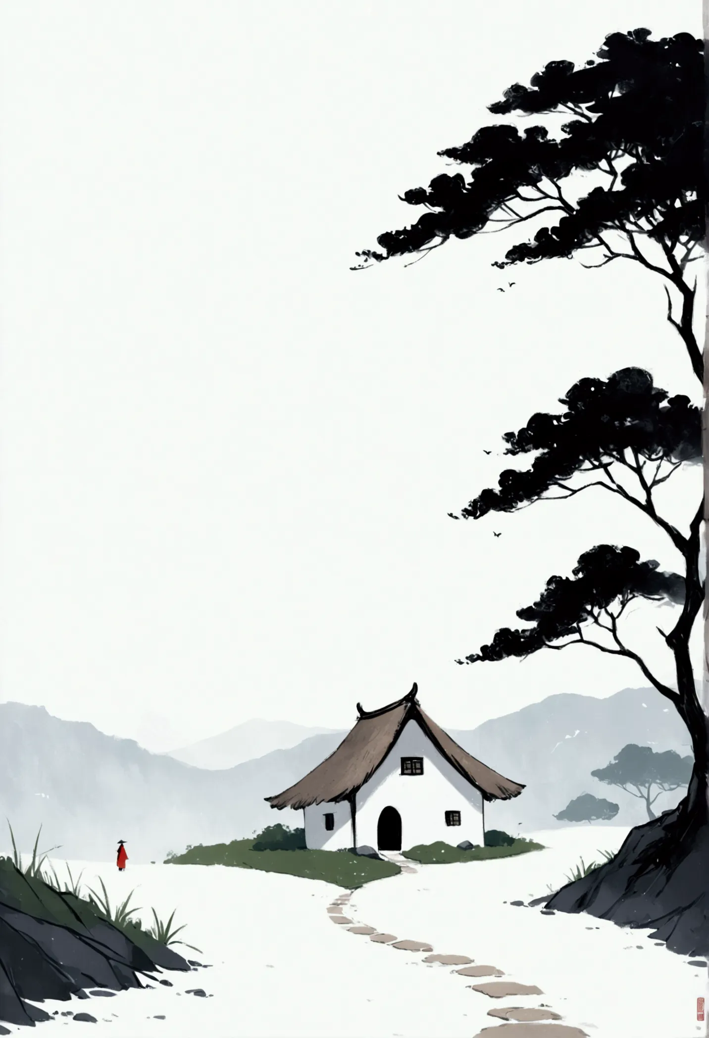 sky占比2/3.chinese ink painting sketch：peaceful and freehand，artistic conception:2.dot，a thatched cottage on a winding path，minima...