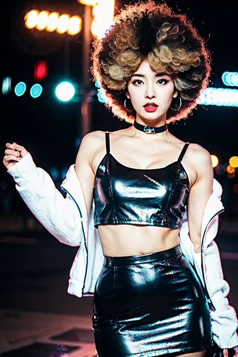 (cinematic aesthetic:1.4) photo of a beautiful korean fashion model bokeh city night with round disco afro wig, bra, super mini ...