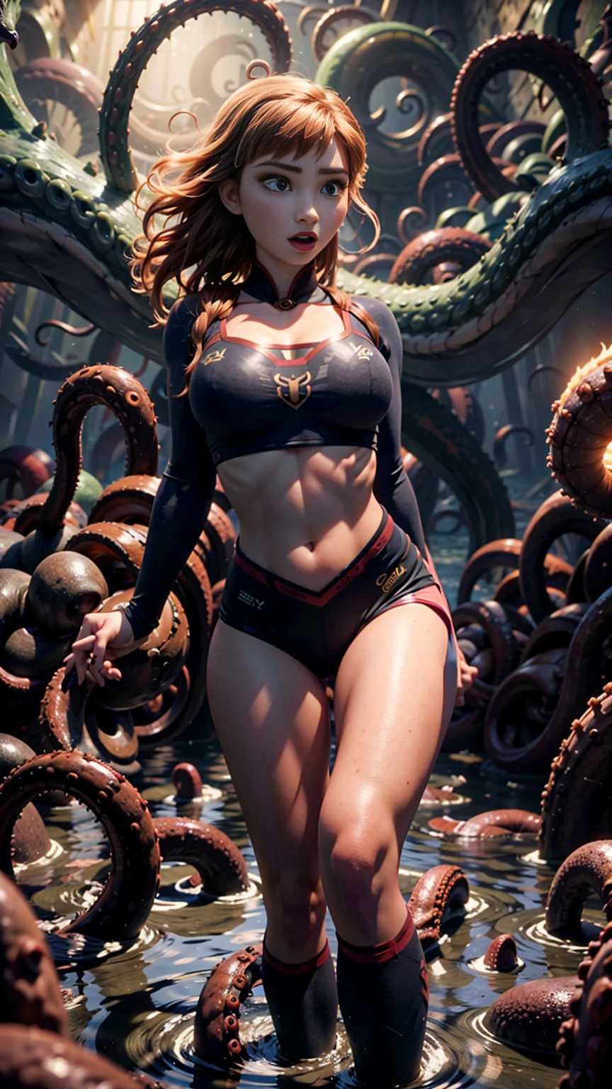 Anna from Frozen, A beautiful girl with extremely detailed eyes, long eyelashes, and detailed lips, (wearing a blue gym outfit), (blue gym outfit:1.3), levitating in the air restrained by tentacles, (tentacles covering her breasts and crotch), in a scary, flooded cavern, excited and aroused expression, 8k, hyper realistic, cinematic lighting, highly detailed, dramatic composition, atmospheric, photorealistic