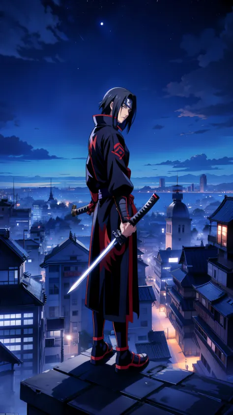 a person standing on top of a building with a sword, itachi, itachi uchiha, top 25 fantasy anime series, hd anime wallpaper, ani...