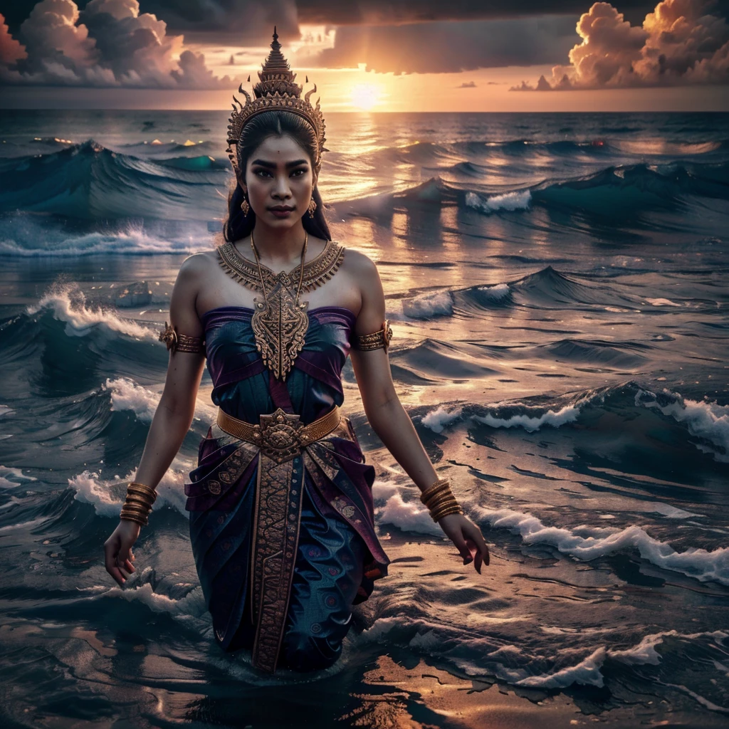 a gigantic traditional Thai female titan with fang, walking in the sea, dress in Thai ancient traditional cloth, big intricate gold belt, half of her body up from the ocean, no headdress, lime stone island, beautiful detailed eyes, beautiful detailed lips, long eyelashes, extremely detailed anatomy, hyper realistic, 8k, photorealistic, cinematic lighting, dramatic lighting, volumetric fog, atmospheric, moody colors, vibrant colors, saturated colors, beautiful ocean landscape, waves, water splashing, dramatic sky, epic, cinematic, dramatic composition