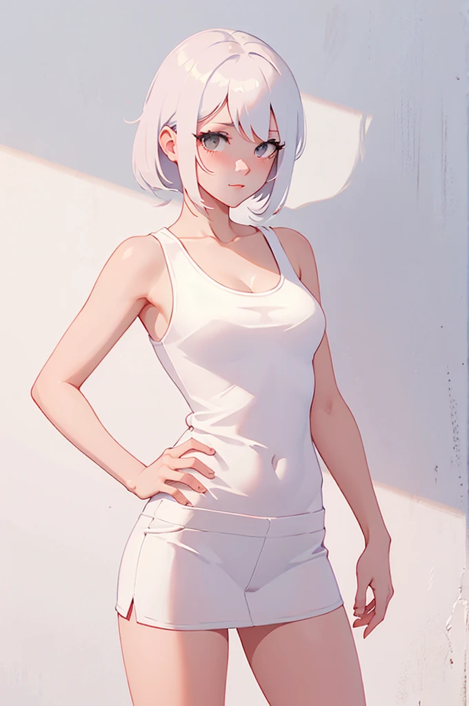 ImagePrompt: A cute looking female,pretty face with white red body color,wearing white tank tops,white shiny body,skin pores, attractive,hot looking gesture,standing,ultra quality, cute body gesture