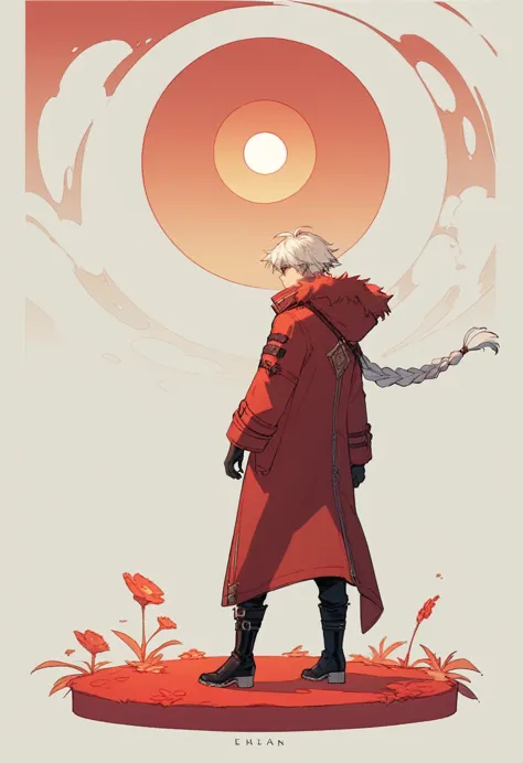 ((concept art )),human male  ,clear skin , round red sun glasses , white hair style ,long braided ,zip red coat  , black gloves ...